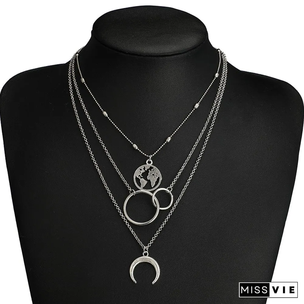 Fashion Women Multi-Layer Moon Map Necklace