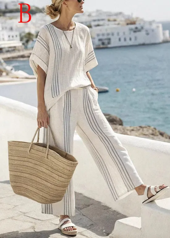 Women Casual V Neck Print Cotton 2 Piece Outfit Summer