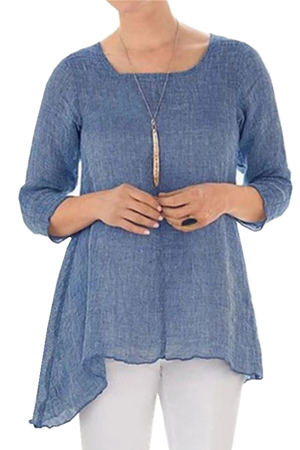 Plus Size Everyday Blue Solid 3/4 Sleeve Asymmetrical Hem Blouse 2024 - Flycurvy 