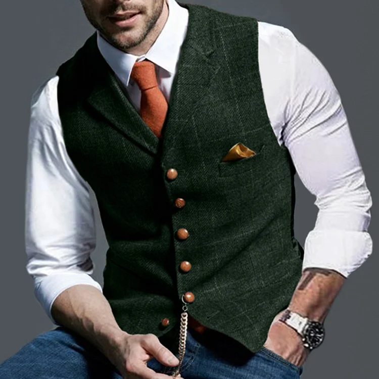 BrosWear British Style Plaid Wedding Waistcoat Wool Tweed Vest