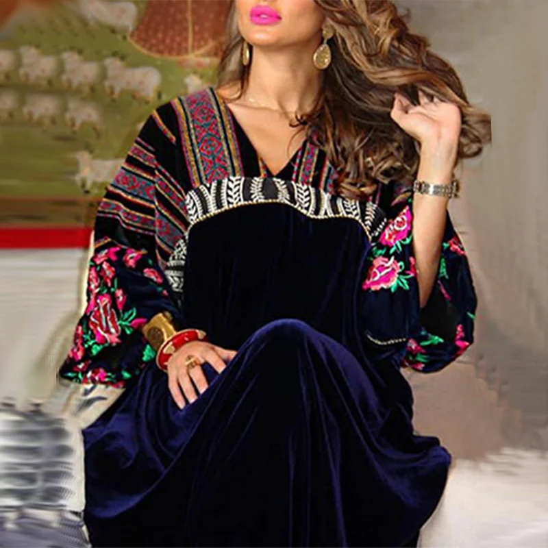 Casual Fashion Velvet Print V-Neck Jalabiya Dress