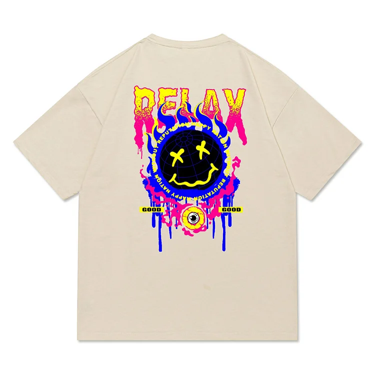 Street Hip Hop Pullover T-Shirt Smiley Print Cotton T-Shirt Short Sleeves at Hiphopee