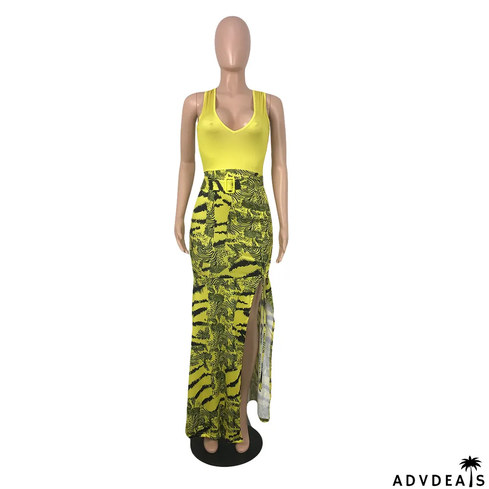 Women Summer Sleeveless V-Neck Print Pleated Dress