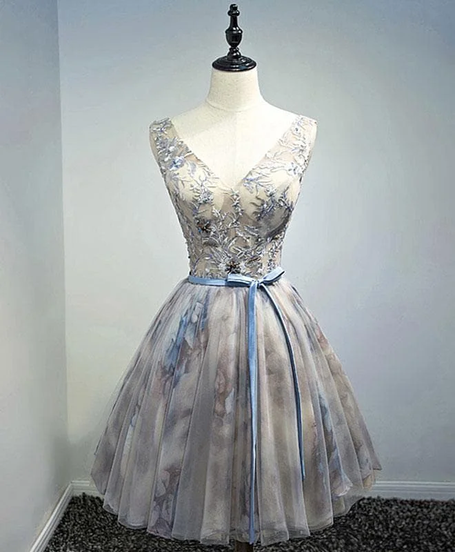 Gray V Neck Tulle Lace Short Prom Dress, Homecoming Dress
