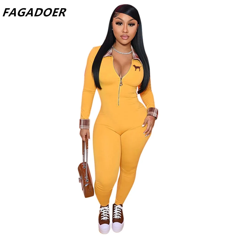 FAGADOER PINK Letter Embroidery Bodycon Jumpsuit Fashion Plaid Patchwork Bodysuits Long Sleeve Sexy Zipper Playsuits Streetwear