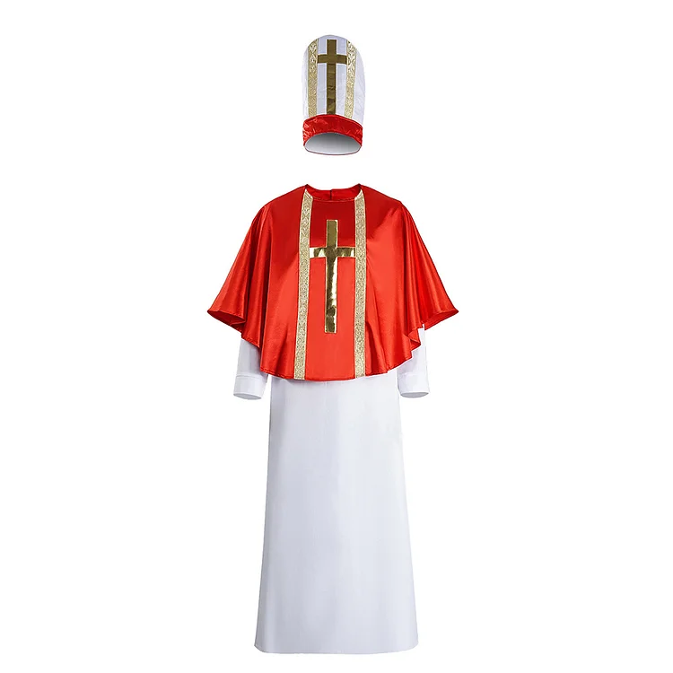 Adult Men Medieval Pope Red White Robe Hat Set Outfits Costume Carnival Party Suit