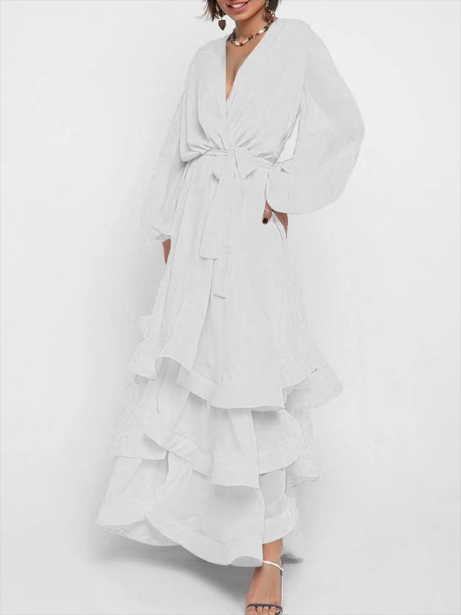 V-neck solid color long-sleeved dress