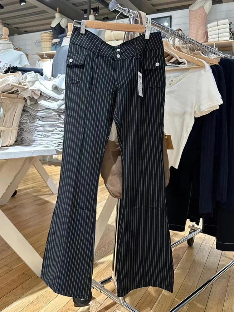 Huibahe Striped Slim Flare Pants Autumn Cotton Low Waist Casual Pocket Cargo Pants Women Y2k Streetwear Straight Trousers Chic
