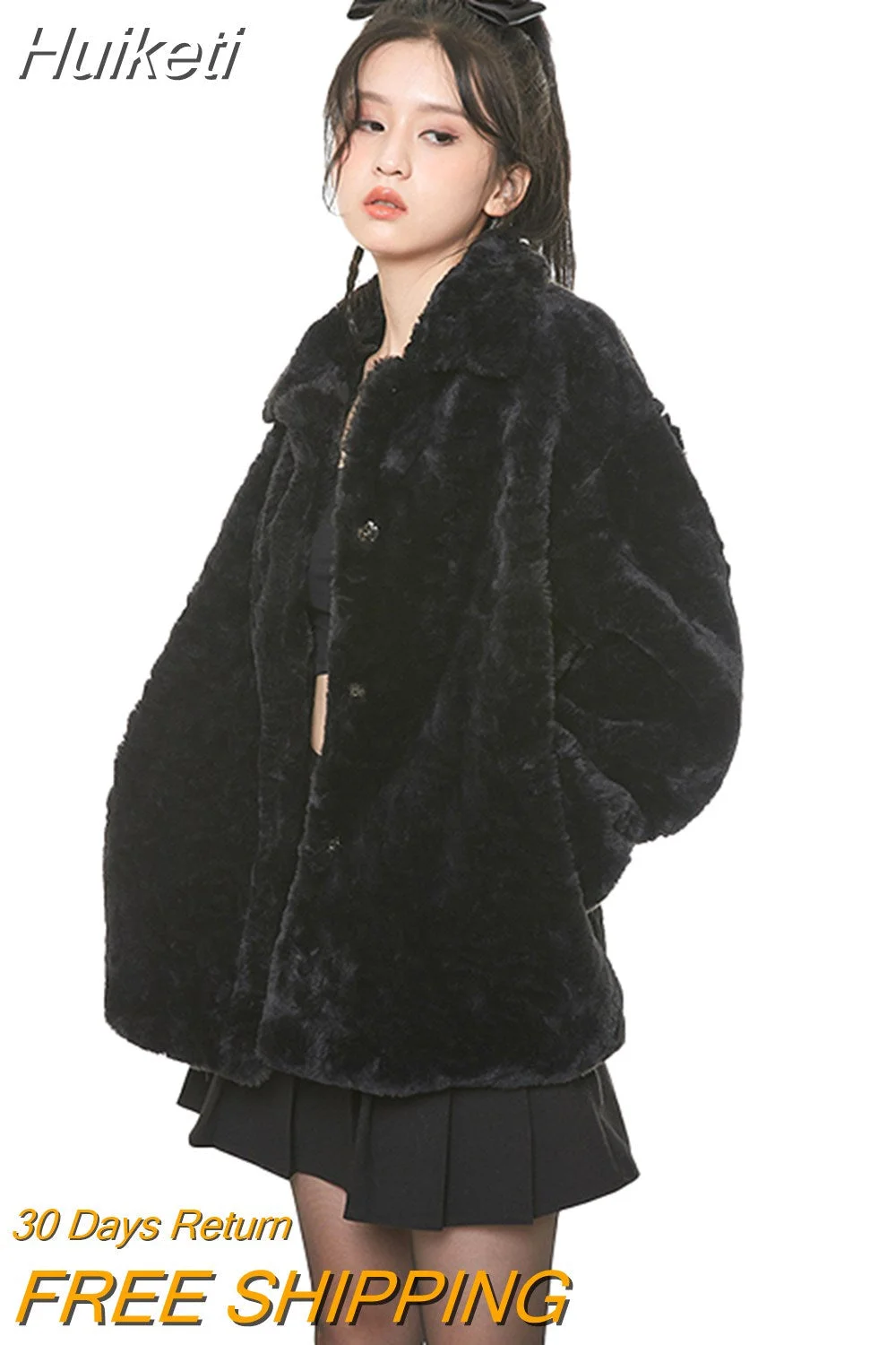 Huiketi Winter Loose Casual Sweet Black Luxury Thick Warm Fuzzy Soft Black Faux Rabbit Fur Coat Women Furry Fluffy Jacket 2023