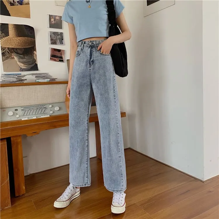Jeans Women Wide Leg Pure Color Denim Trouser Simple Ins Female Casual Loose Cozy Mujer De Moda High Waisted Vintage Washed Kpop