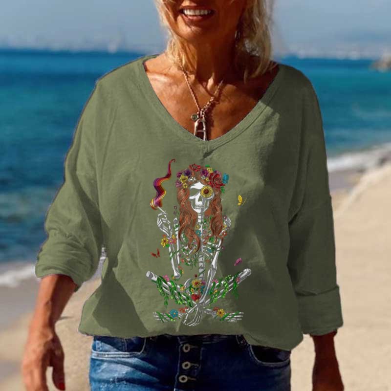 Skeleton Flowers Resurrected HippieV-neck Long Sleeve T-shirt