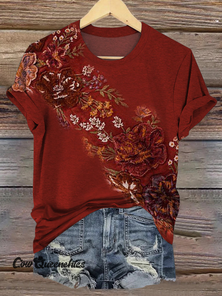 Vintage Floral Casual Short-sleeved Top Multicolor / S