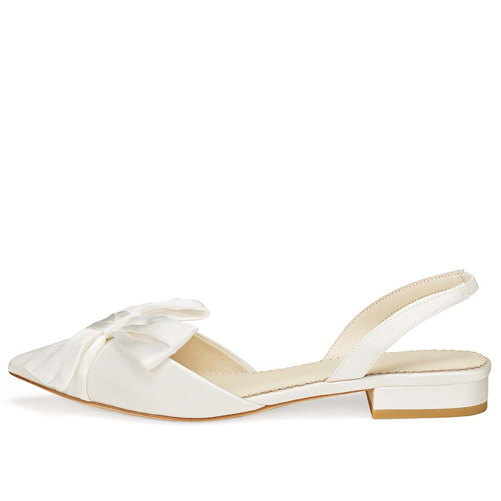 Ivory Satin Pointed Toe Flat Bow Inlay Slingbacks for Wedding Nicepairs