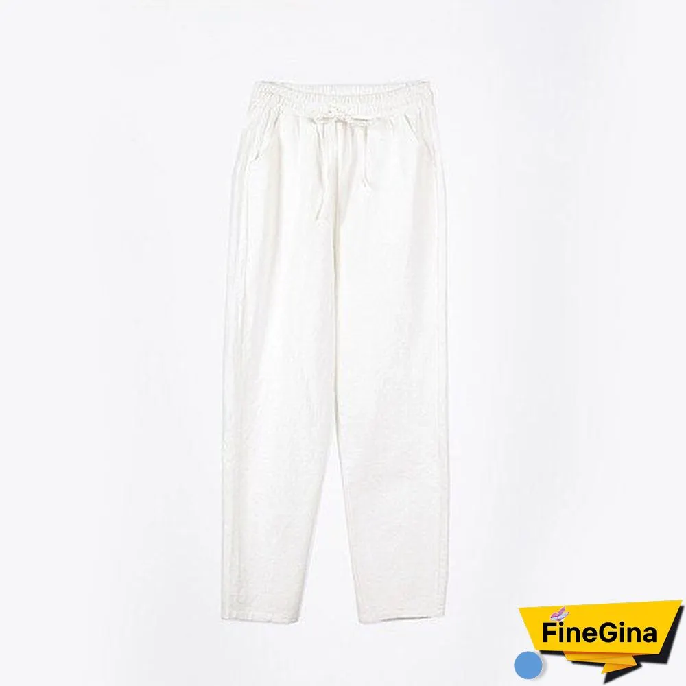 Woman Summer Harem Pants Vintage Candy Colors Cotton Linen Wide Leg Pants Solid Elastic Waist Ankle-length Capris Trousers