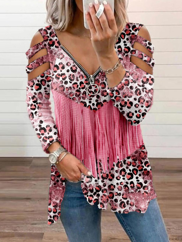 Comstylish Western Tassels Leather Art Leopard Hollow Shoulder T Shirt