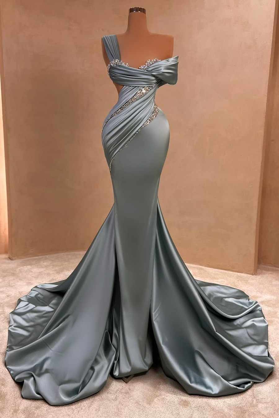 Bellasprom Dusty Blue Off-the-Shoulder Mermaid Prom Dress With Beads Pleats Long Bellasprom