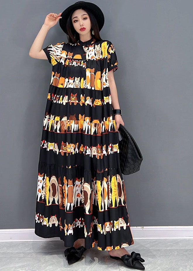 VCSHOES Loose Black Stand Collar Oversized Wrinkled Character Print Chiffon Long Dresses Short Sleeve