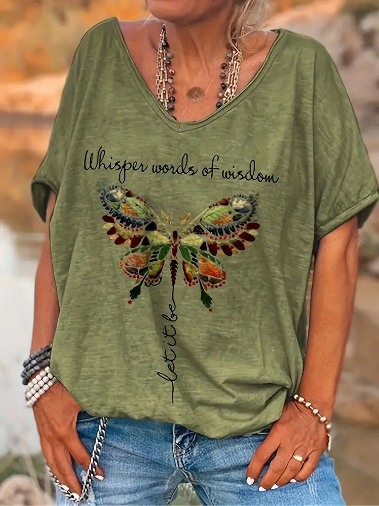 AL™ Butterfly & Letter Print V Neck T-shirt, Casual Short Sleeve T-shirt For Summer, Women's Clothing-xn-0605-4-Annaletters