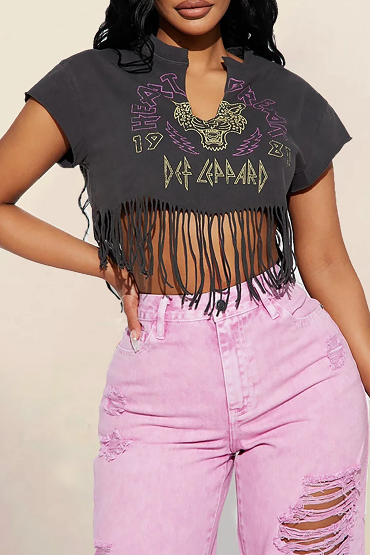 U Neckline Short Sleeve Letter Print Fringed Hemline Crop T-shirt -DarkGray