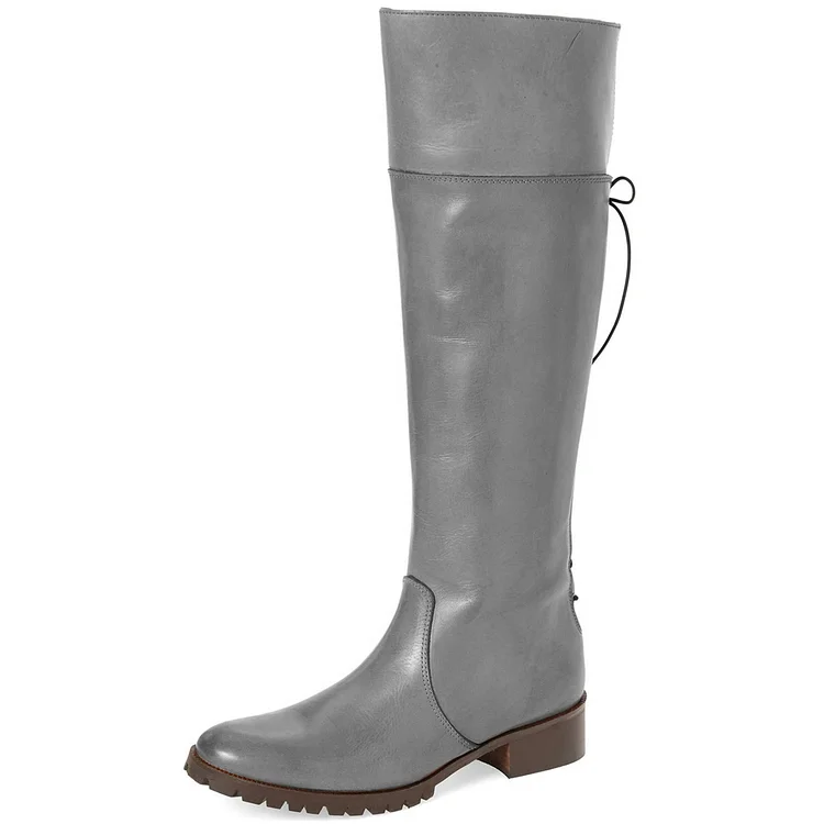 Grey Fashion Boots Round Toe Flat Knee-high Riding Boots |FSJ Shoes