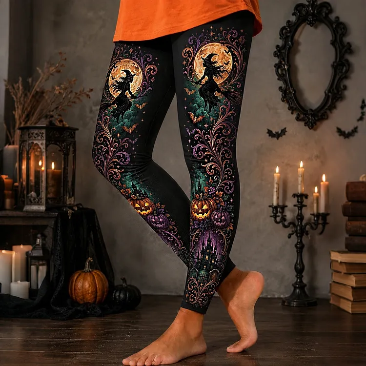 Women's Halloween Retro Witch Pumpkin Castle Print Leggings