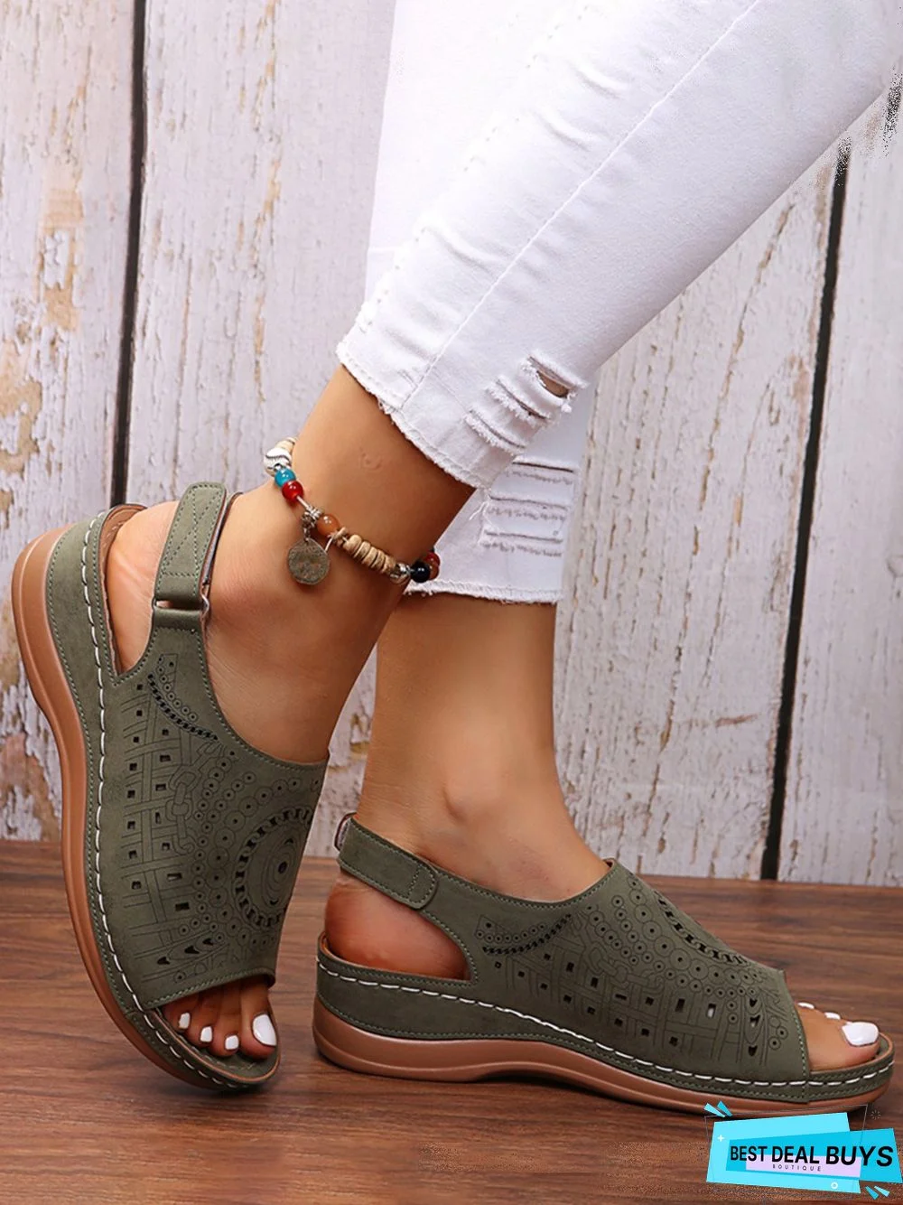 Ethnic Pattern Punched Hollow Velcro Vintage Sandals