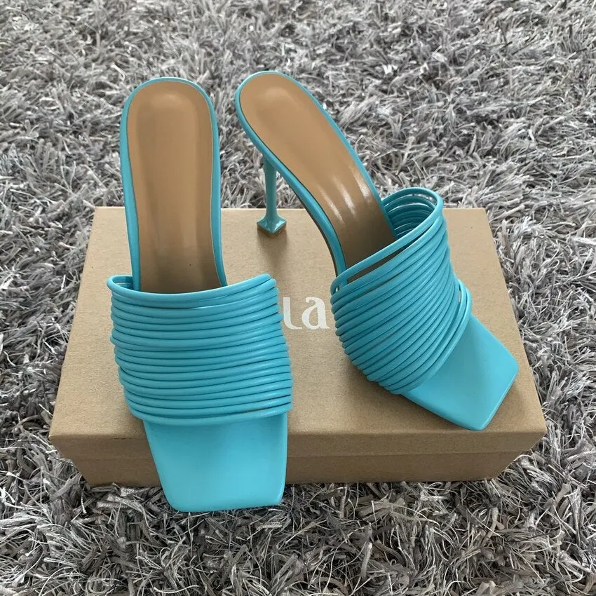 2021 Summer Women Sandals Square Toe Ladies Heel Mules Sexy Thin High Heels Sandals Slippers Female Fashion Woman Shoes 10.5CM