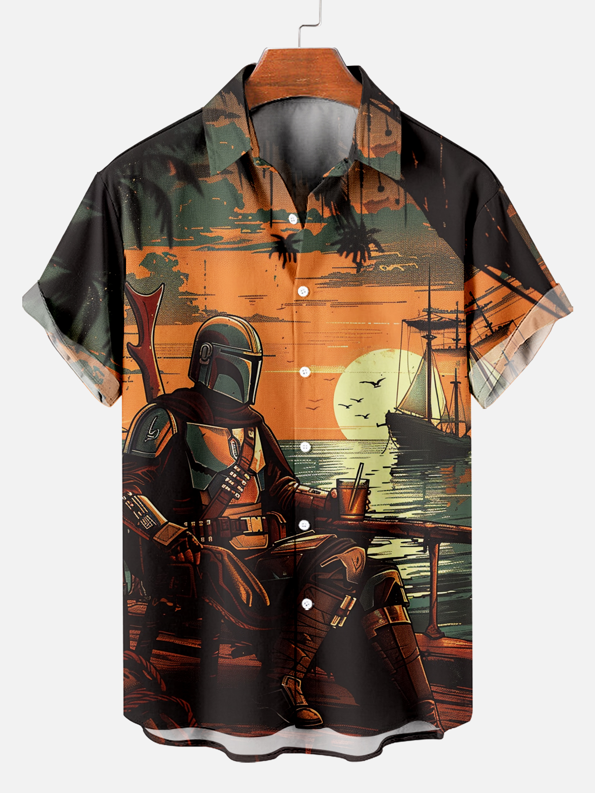 Vintage Hawaiian Warrior Enjoying the Sunset Short Sleeve Shirt PLUSCLOTHESMAN