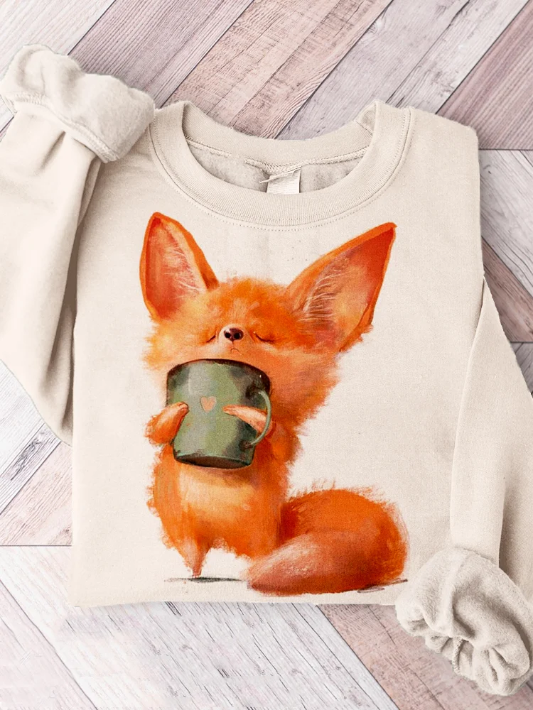 🔥kukelife🔥Cute Fox Pattern Print Crew Neck Comfy Sweatshirt