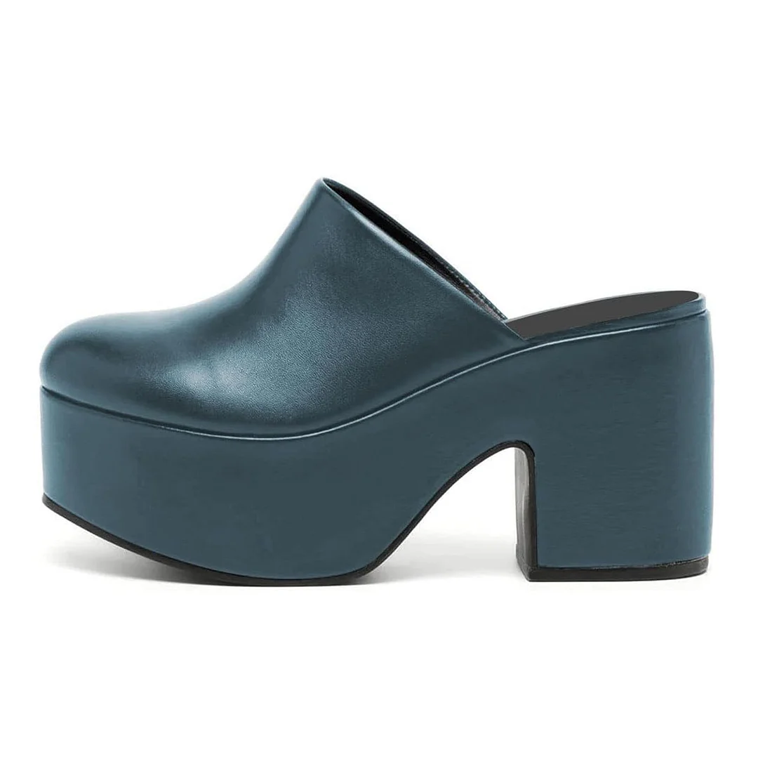 Blue Vegan Leather Round Toe Bold Platform Block Heel Classy Mules