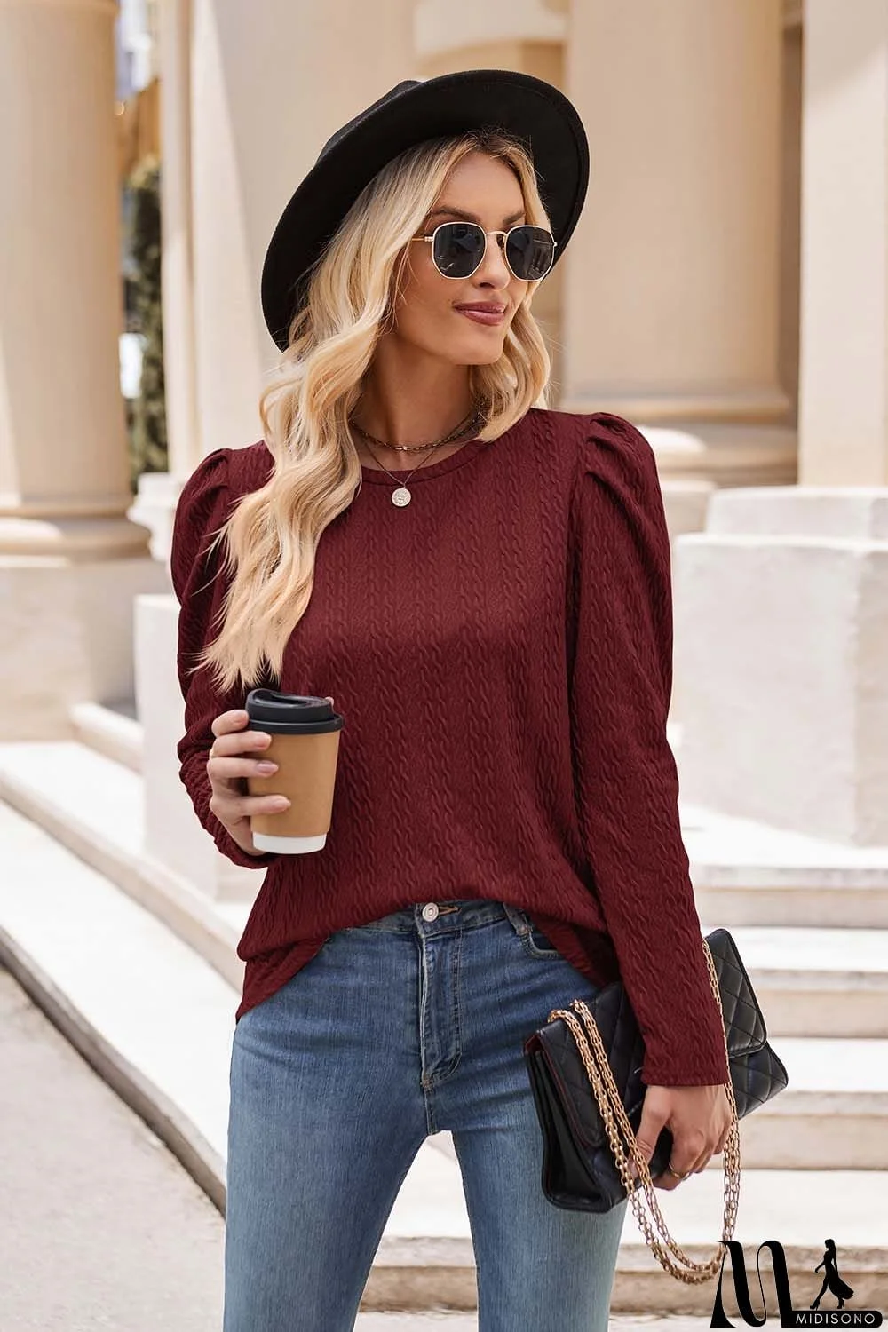 MidiSono - Round Neck Puff Sleeve Blouse