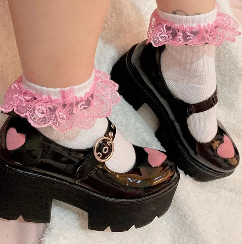 BONJOMARISA Big Size 43 Round Toe Platform Chunky Heart Pattern Marry Janes Pumps Women 2021 Punk Lolita Cosplay JK Women Shoes