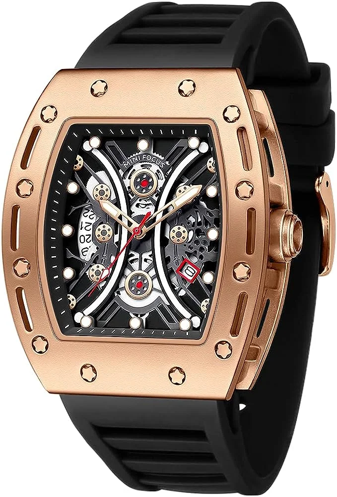 MF Men's Watch Fashion Tonneau Wrist Watches (Chronograph/Waterproof/Luminous/Calendar) Silicon Strap Quartz Watch for Men
