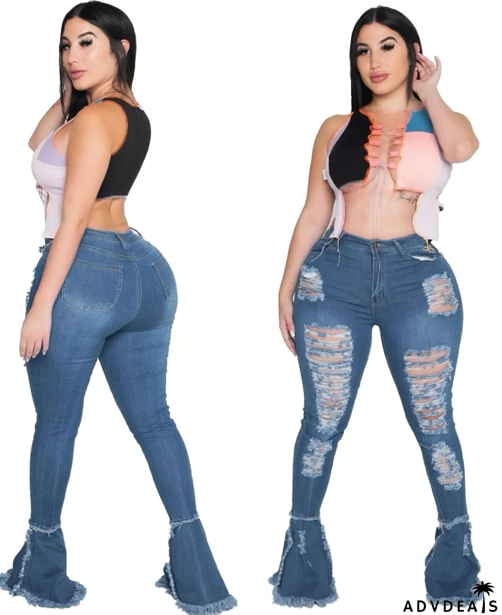Plus Size High Waist Bell Bottom Ripped Jeans