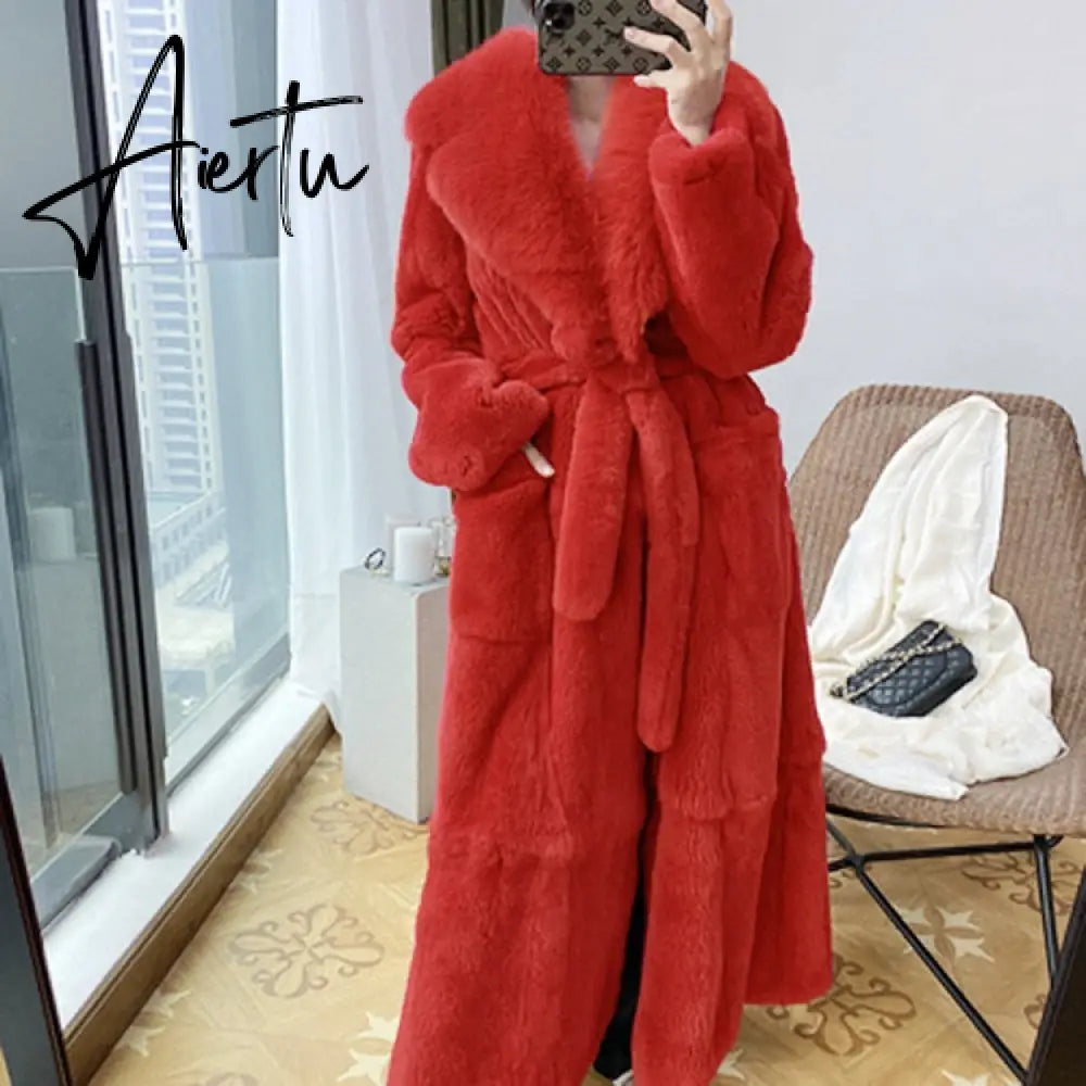 New Imitation Fur Coats Women's Winter Mid-length Lace-up Jackets Fashion Big Size Long Sleeve Thicken Black Overcoat Aiertu