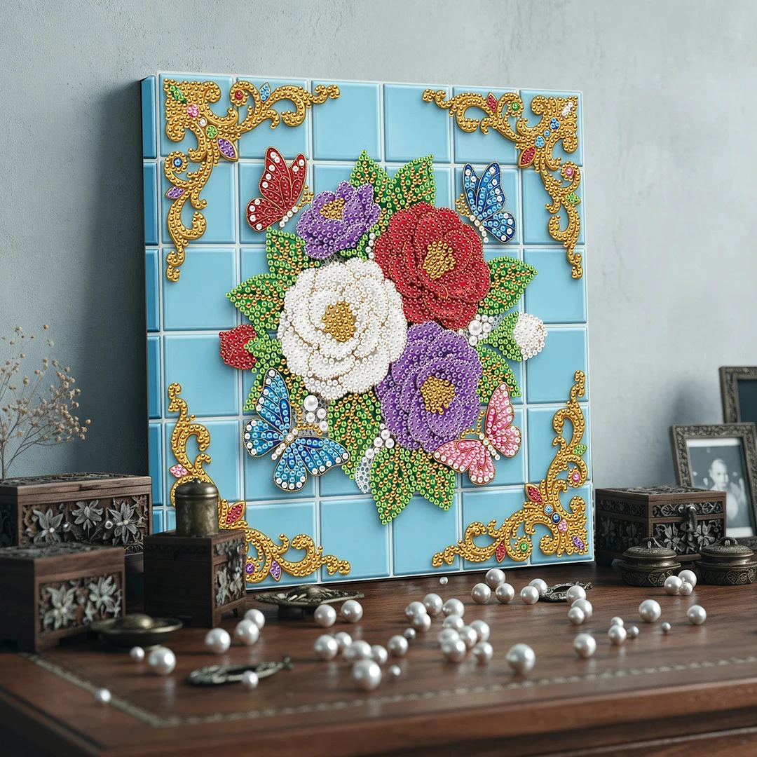 Butterfly Flowers - DIY Pearl Diamond Art Kit With Frame 25*25cm