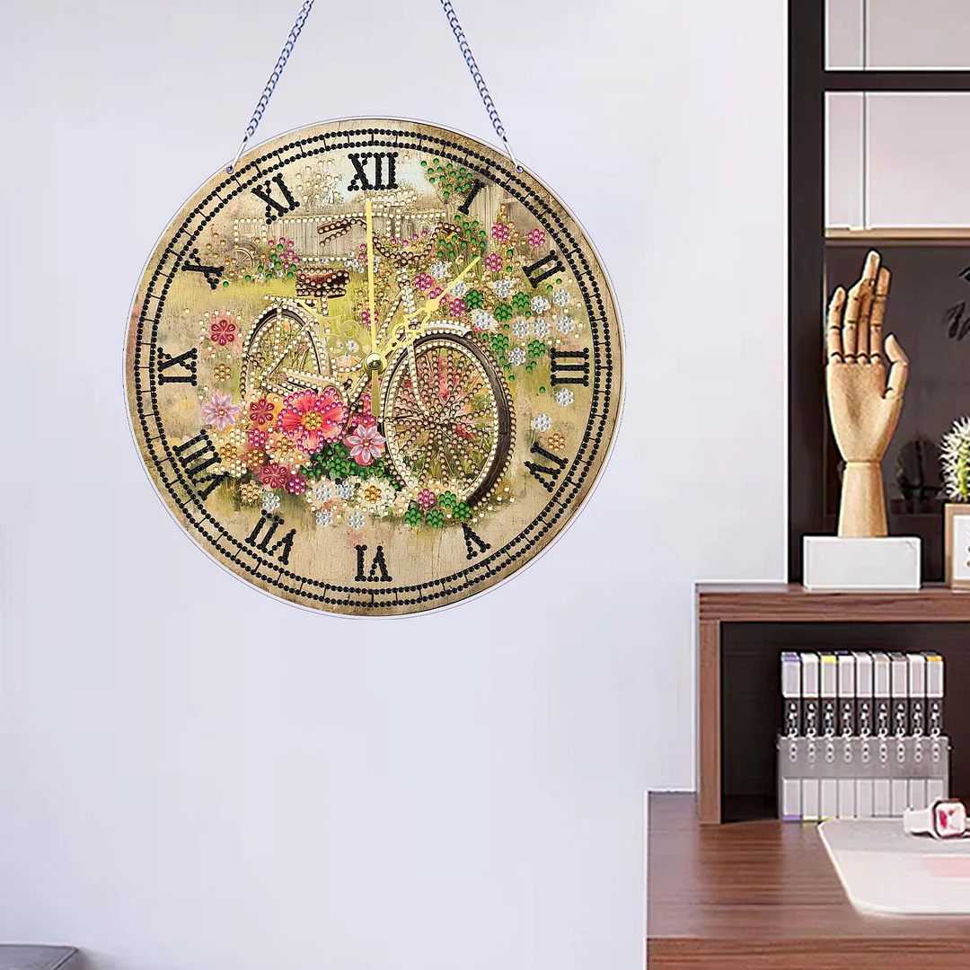 2D DIY Acrylic Bicycle Diamond Painting Clock Pendant w/ Clock Function Wall Art