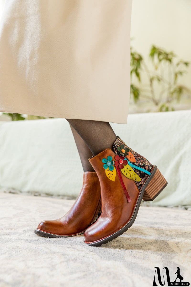 MidiSono - SOFFIA | PETAL APPLIQUE LEATHER ANKLE BOOT