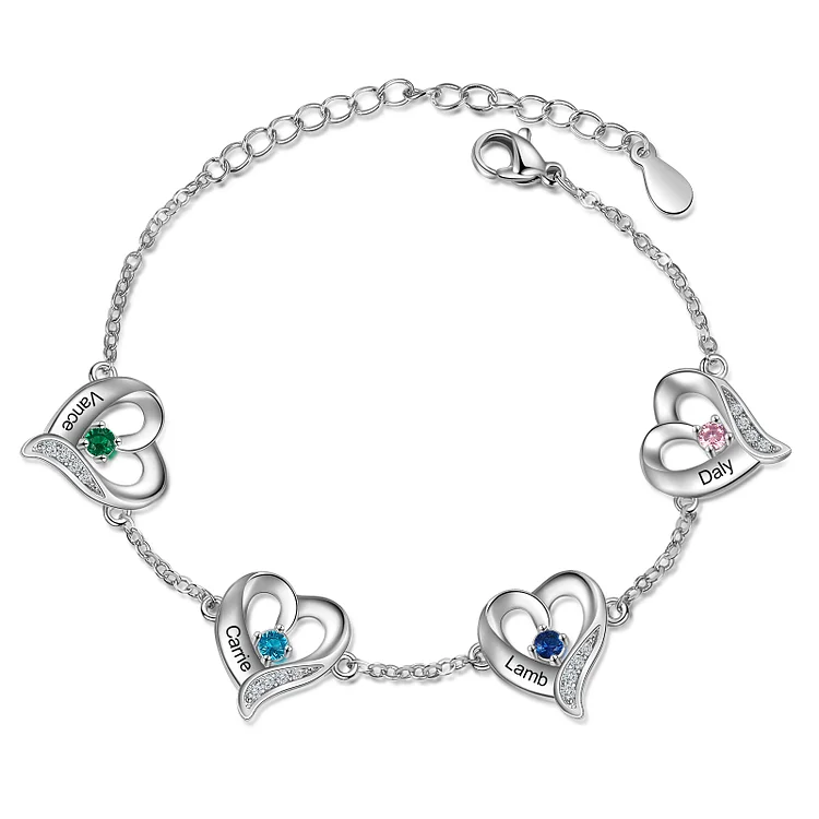 Personalized Heart Charm Bracelet Custom 4 Birthstones Bracelet for Her