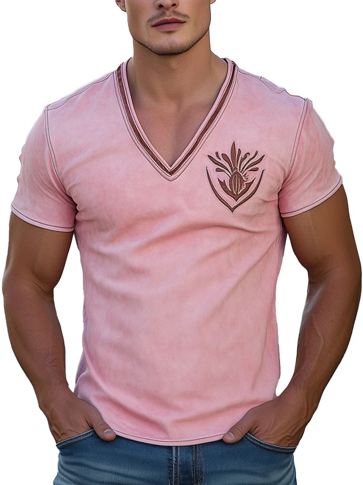 Men's Suede V-Neck Embroidered Western Style Short Sleeve T-Shirt