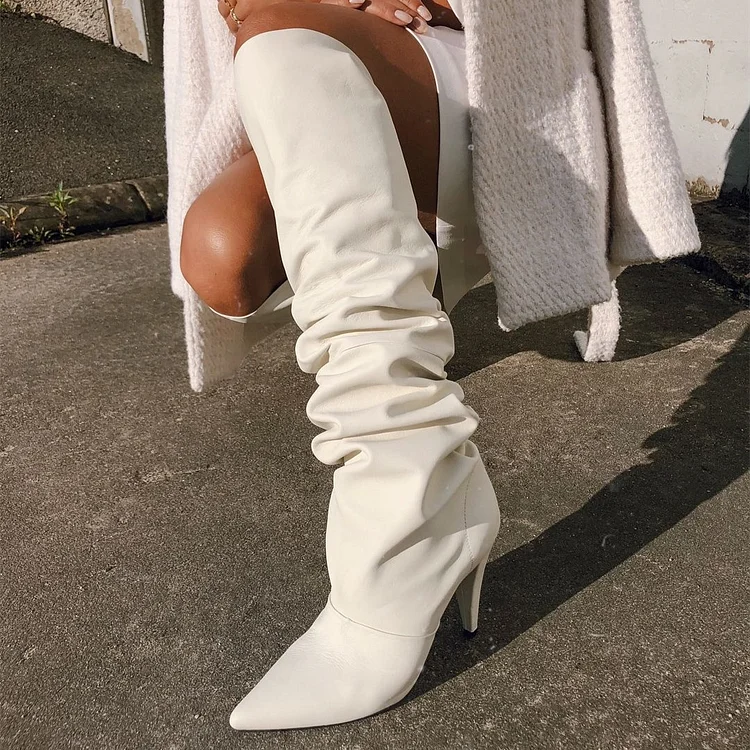 White Slouch Boots Chunky Heel Knee High Boots |FSJ Shoes