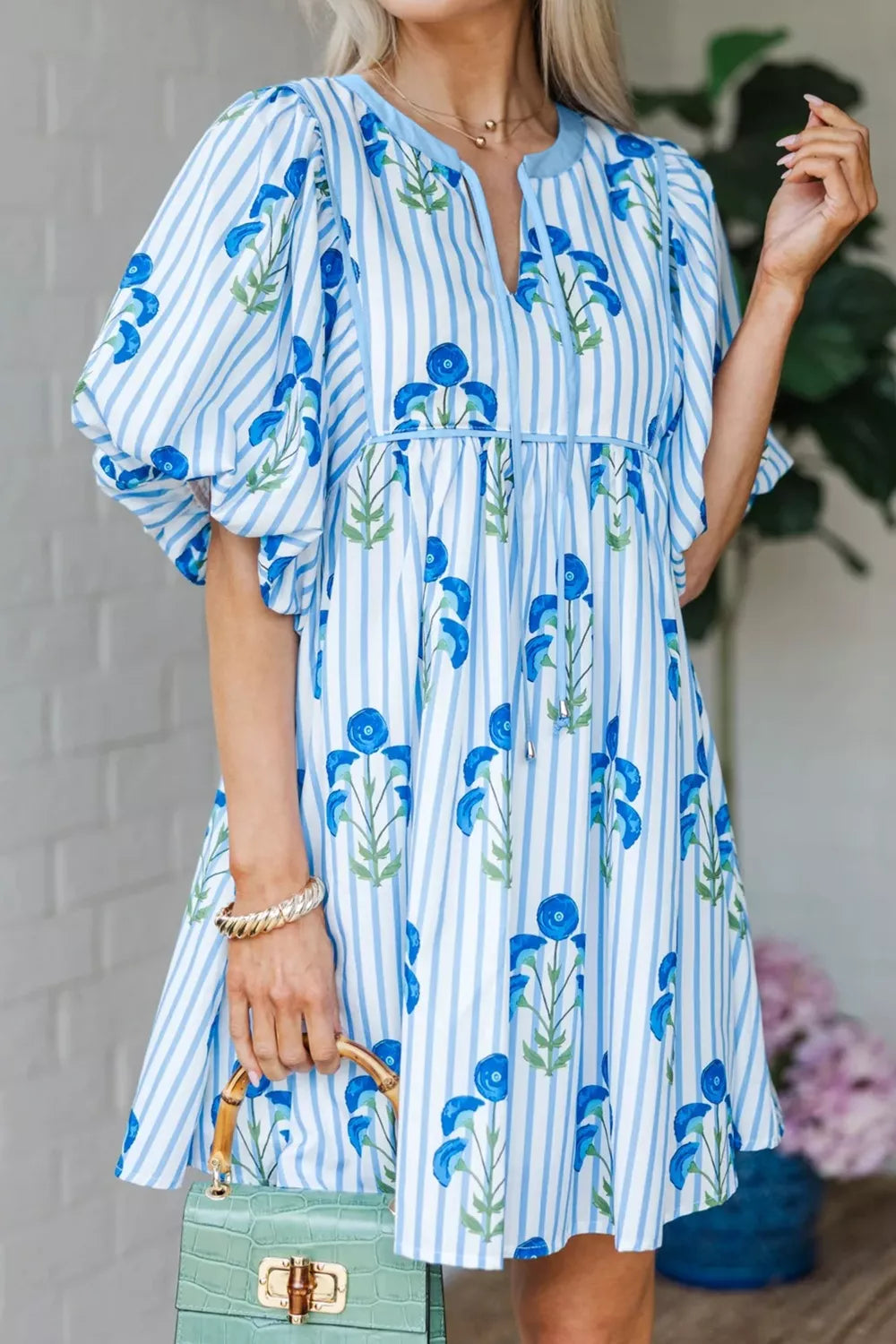 Floral Striped Print Tie Notched Neck Puff Sleeve Flared Mini Dress mysite idetrend