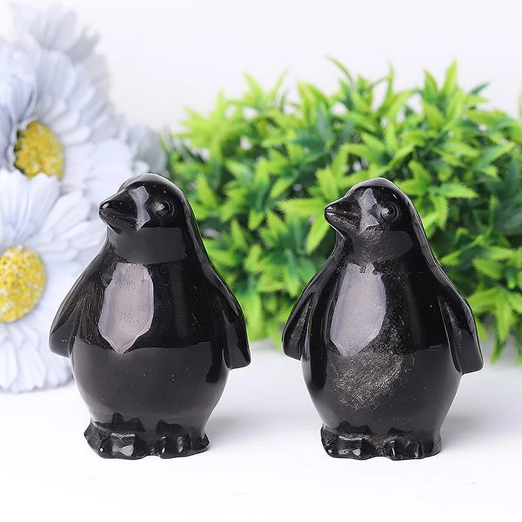 3.2" Silver Obsidian Penguin Crystal Carvings Animal Bulk