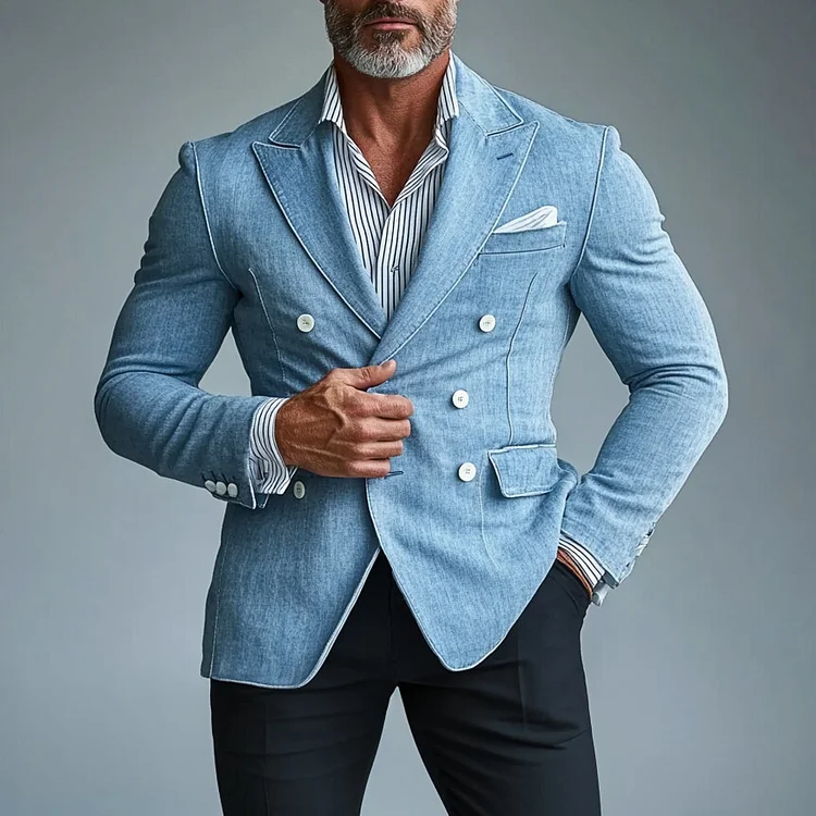 Men's Peaked Lapel Button Long Sleeve Chest Pocket Denim Blazer