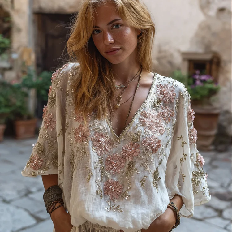 Women's Flower-patterned Bright-colored Embroidered Vintage Casual Long-sleeved Top