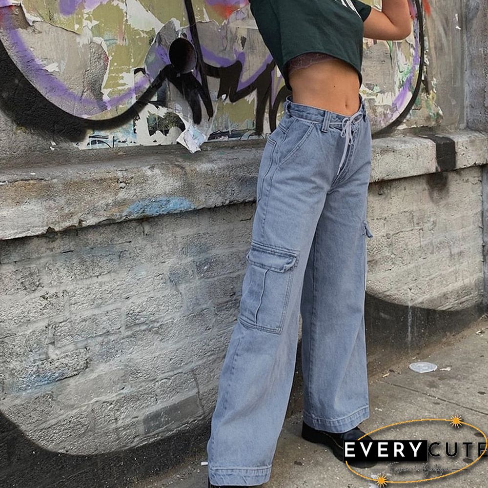 Weekeep Pockets Patchwork High Waist Women Streetwear Straight Jean Femme Blue Cotton