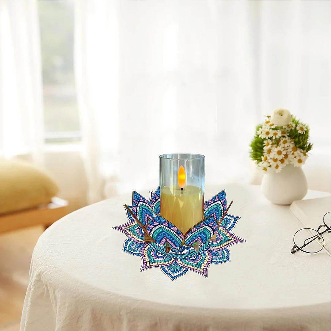 Mandala Lotus-E Acrylic DIY Diamond Painting Candle Holders Without Candles Crystal Painting Tealight Candle Stand Table Centerpiece for Adults Beginners Home Party Decor