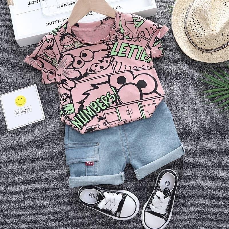 Boys Summer Clothing 2021 New O-neck T-shirt with Denim Shorts 2 Pieces Short-sleeved Sets Children Baby Summer Graffiti Clothes
