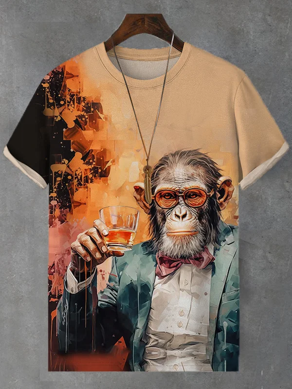 Men's Vintage Monkey Gentleman Whiskey Oil Painting Print Casual T-Shirt