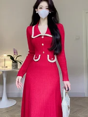 Cardcake gold prom dresses 2025 New Autumn Chic Knitted Dresses for Women Solid Slim Elegant High Waist A Line Korean Sweater Dress Winter Female Knitwear